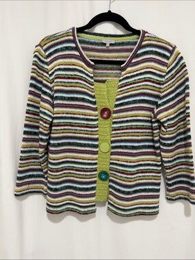 Per Una Multicolor Striped Knit Cardigan Chunky Statement Buttons Size 10 /UK 14